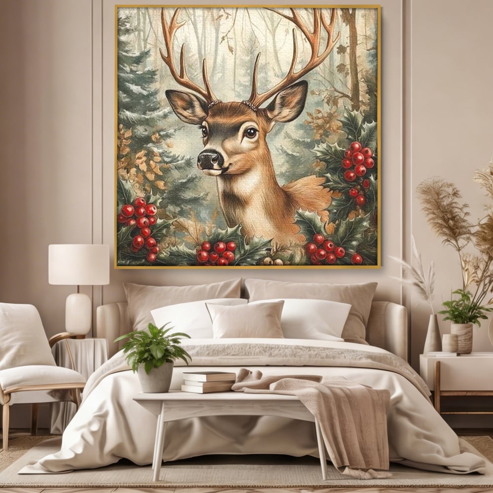 Tablou canvas cu ilustratie digitala cu cerb si crengi de brad, in rama de aluminiu auriu, pe perete intr-un dormitor